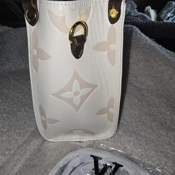 Cream and Brown Monogram Tote with Scarf AND CHARM 10x8 - Picture 6 of 12